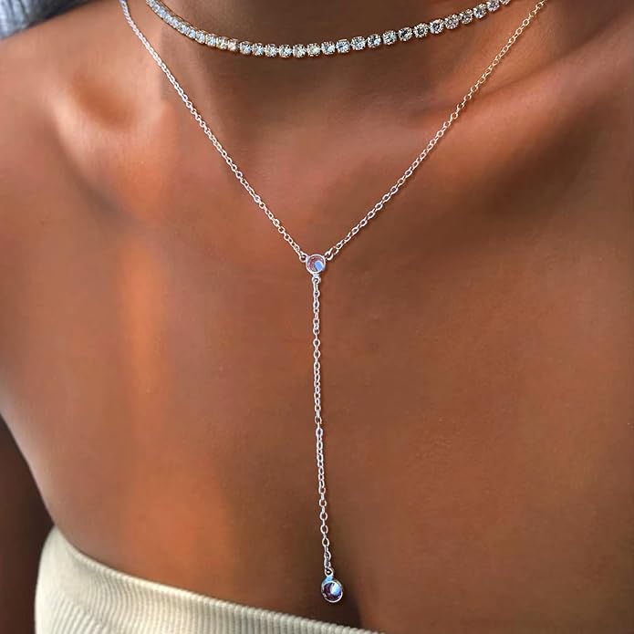 Luxval Lariat Silver Necklace for Women, Dainty Long Necklace Silver Y-Shaped Pendant Necklaces Trendy Beaded Chain Drop Necklaces Jewelry for Women Gifts