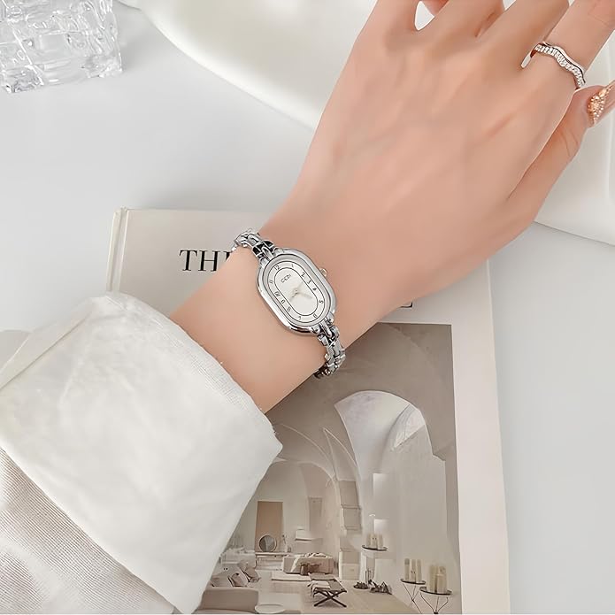 Women's Vintage Oval Watches Luxury Minimalism Bracelet Small Gold Tone Watch Ladies Analog Waterproof Watch Fashion Bangle Bracelet Dress Watch with Stainless Steel Band