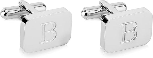 18K White-Gold Plated Initial Engraved Stainless Steel Men’s Cufflinks With Gift Box -Personalized Alphabet Letter’s A-Z By Lux & Pair