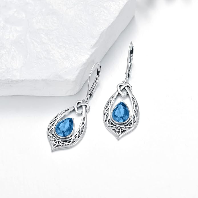 Celtic Knot Dangle Earrings 925 Sterling Silver Oxidized Vintage Drop Leverback Earrings with 8 * 6mm Simulated Birthstone Crystal Christmas Jewelry Gifts for Women (Gift Box)