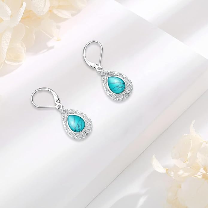 Sterling Silver Tree of Life/Flower/Bee/Animals/Cat/Hummingbird Dangle Earrings Moonstone Turquoise Drop Leverback Earrings Jewelry Gifts