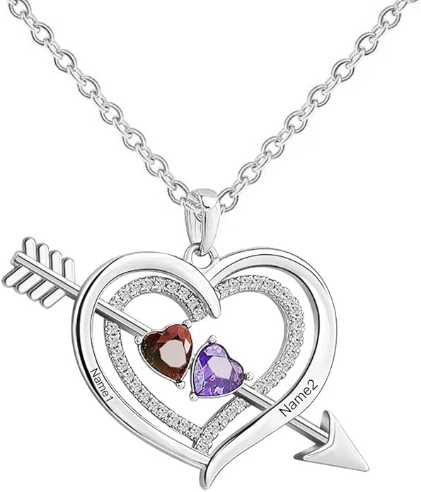 10K 14K 18K Solid Gold Personalized Name Birthstone Necklace for Couple, Real Gold Customized 2 Birthstone Heart Necklace Custom Any Name Valentine's Day Gifts for Her