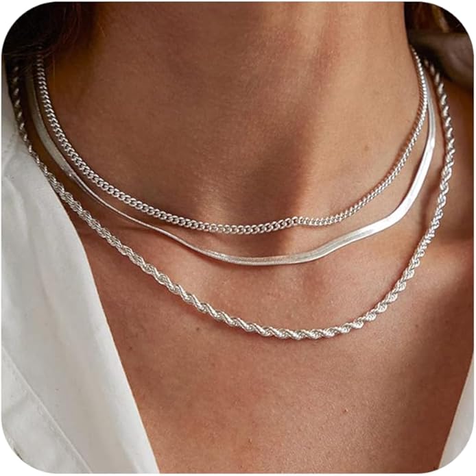 Gold/Silver Necklaces Stack For Women, 14K Gold/Sterling Silver Plated Layered Choker Necklace Set, Stackable Multilayer Simple Cuban Snake Paperclip Chain Set Jewelry Gift for Women