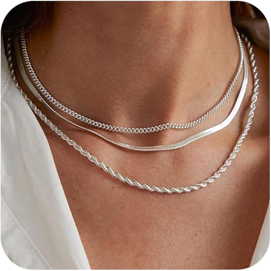 Gold/Silver Necklaces Stack For Women, 14K Gold/Sterling Silver Plated Layered Choker Necklace Set, Stackable Multilayer Simple Cuban Snake Paperclip Chain Set Jewelry Gift for Women