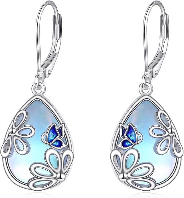 AOBOCO Butterfly/Dragonfly/Bee/Ladybug Leverback Earrings 925 Sterling Silver Rose Lotus Tulip Flower Filigree Dangle Earrings Teardrop Moonstone Larimar Turquoise Abalone Shell Jewelry Birthday Gifts for Women