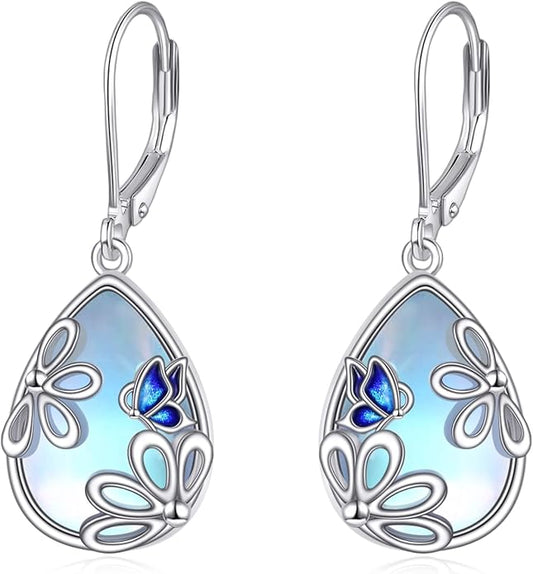 AOBOCO Butterfly/Dragonfly/Bee/Ladybug Leverback Earrings 925 Sterling Silver Rose Lotus Tulip Flower Filigree Dangle Earrings Teardrop Moonstone Larimar Turquoise Abalone Shell Jewelry Birthday Gifts for Women