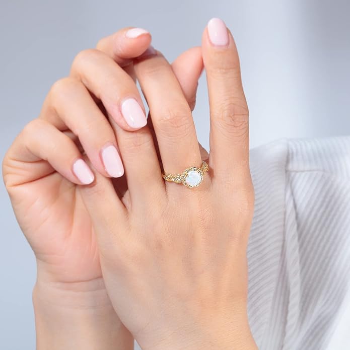 CiNily 18K Gold Plated Opal Ring-White Fire Opal & Amethyst & Cubic Zirconia Women Jewelry Gemstone Engagement Anniversary Ring Size 5-13