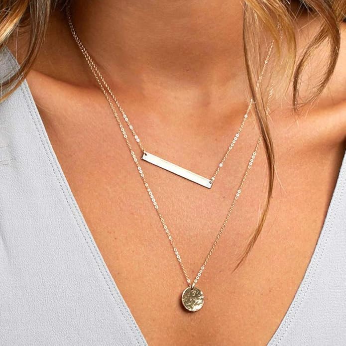Turandoss Dainty Layered Choker Necklace, Handmade Y Pendant Necklace Multilayer Bar Disc Necklace Adjustable Layering Choker Necklaces for Women