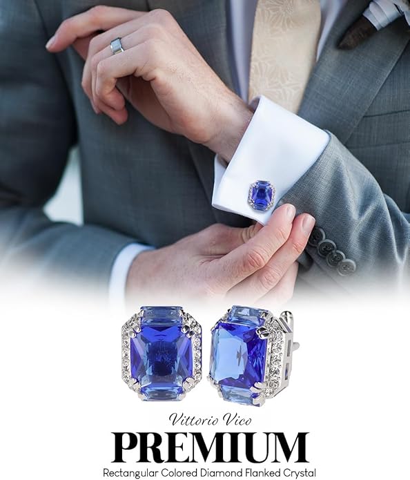 Rectangular Colored Diamond-Flanked Crystal Cuff Links – Tuxedo Suit Accessories, Cufflinks for Men