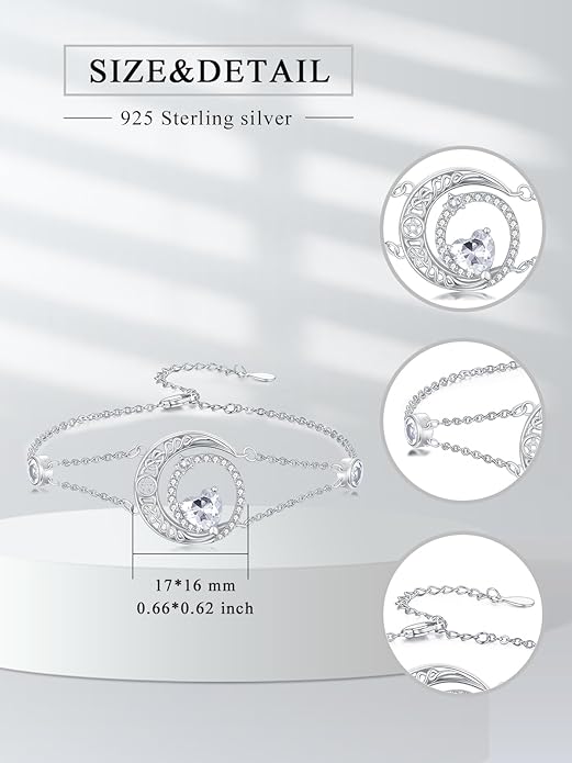 Dorunmo 925 Sterling Silver Moon Heart Birthstone Anklet Bracelets for Women Best Mother's Day Birthday Jewelry for Wife Girlfriend Mom Her