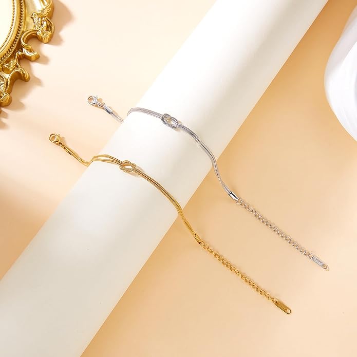 BELLA-Bee 2 Pcs Matching Bracelets for Couples Adjustable Dainty Gold Silver Love Knot Bracelets Promise Relationship Forever Bracelets Trendy Couples Jewelry for Best Wishes