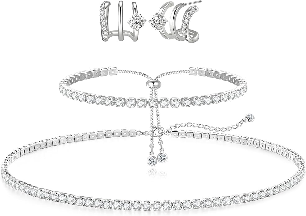 Tennis Necklace Bracelet for Women, Sterling Sliver, Dainty Chocker Necklace, Crystal Bracelet for Women, Wedding Jewelry for Bride, Sparkly Party Prom Hypoallergenic