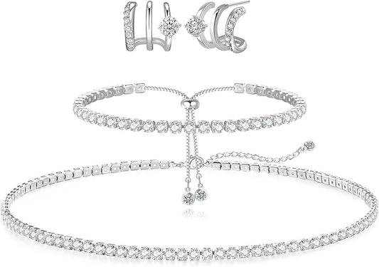 Tennis Necklace Bracelet for Women, Sterling Sliver, Dainty Chocker Necklace, Crystal Bracelet for Women, Wedding Jewelry for Bride, Sparkly Party Prom Hypoallergenic