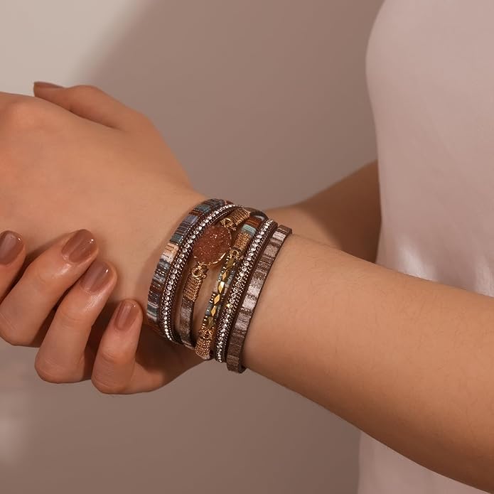 FANCY SHINY Leather Wrap Bracelet Boho Cuff Bangle Bracelets Crystal Bead Bracelet with Magnetic Clasp Jewelry Gifts for Women