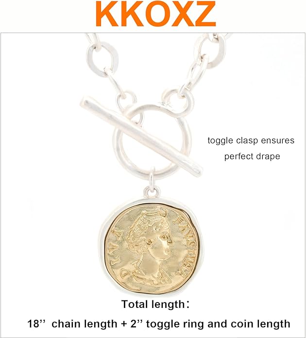 Chunky Gold Coin Pendant Necklace Trendy Layered Statement Chain for Women, Antique Toggle Design with Thick Link, Fashionable Necklaces for Women