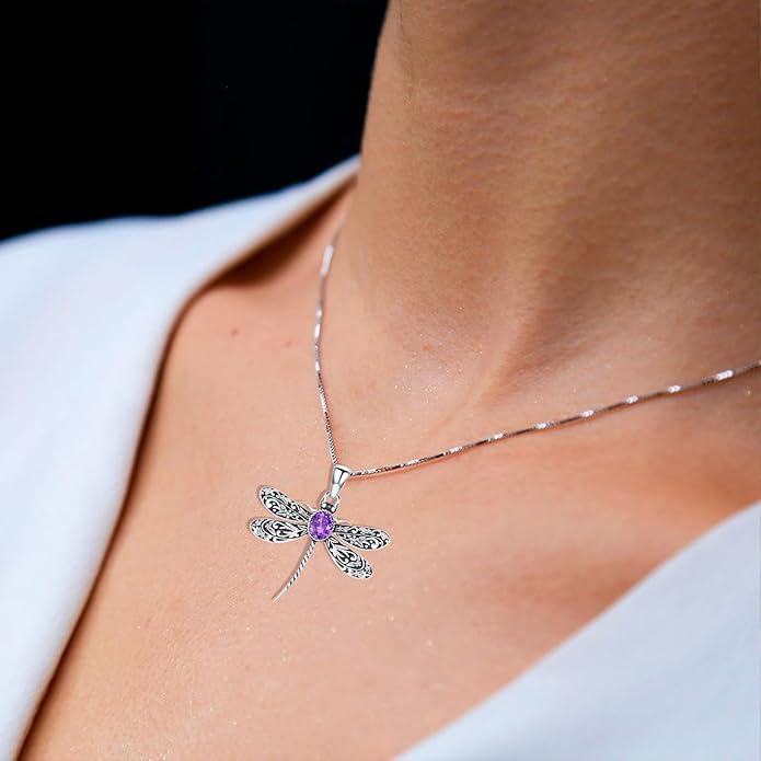 Vintage Dragonfly Necklace for Women 925 Sterling Silver, Oval Birthstone Dragonfly Pendant Boho Jewelry Birthday Gift for Her, Mom, Grandma
