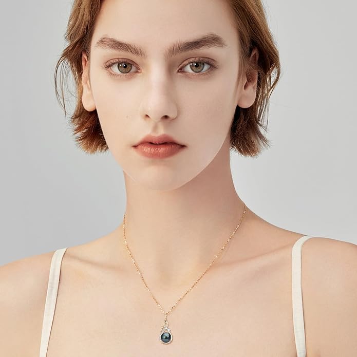 DENGGUANG Tahitian Black Pearl Necklace for Women Genuine 9-10mm Round Tahitian Cultured Pearls Pendant 18K Gold Plated 925 Sterling Silver - Jewelry Gifts for Mom Wife Daughter