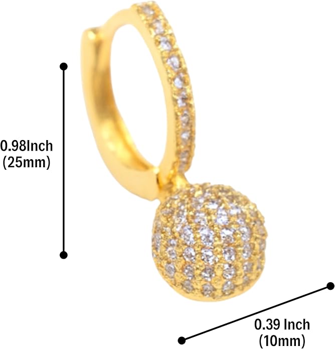 Gold Tone Ball Dangle Hoop Earrings for Women – Crystal-Encrusted Charm, 25mm Drop Length, Lightweight Party Jewelry.KT0012
