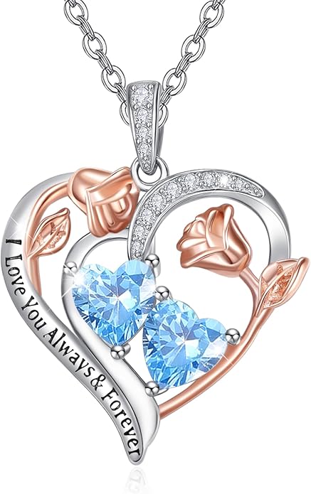 Zeuslia Double Birthstone Necklace Gifts for Wife - 925 Sterling Silver Sunflower/Rose/Crown Cross/Compass/Heart Pendant I Love You Necklace, Anniversary Birthday Gifts for Wife Girlfriend Mom Her