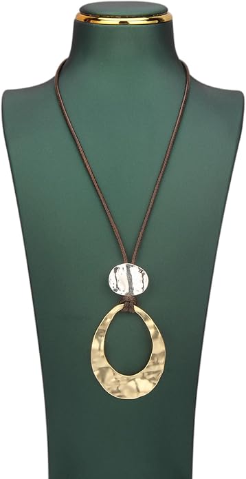 Long Boho Necklaces for Women Vintage Leather Wooden Pendant Y Choker Ethnic Style Gold Circle Hippie Sweater Necklace