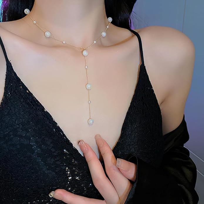 Boho Pearl Y Shape Necklaces for Women, Dainty 14k Gold Plated Pearl Beaded Chain Choker Necklace Trendy Jewelry Accessories Gift