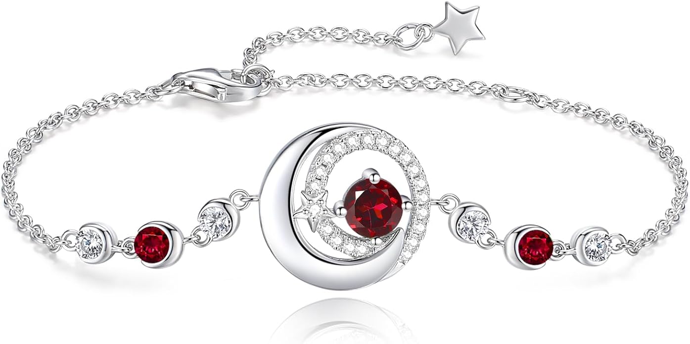 FANCIME Birthstone Bracelets 925 Sterling Silver Moon and Star Bangle Charm Bracelet Fine Jewelry Birthday Anniversary Christmas Day Gift for Her Women, Adjustable Chain 6.7"+1.2" Extend