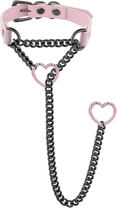 Handmade Black Heart Choker Collar For Women, Punk Gothic O-ring Slip Chain Necklace with Adjustable Vegan Leather Buckle