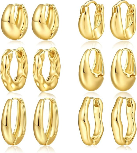 6 Pairs Gold Hoop Earrings Set for Women, 14K Gold Plated Huggie Chunky Earring Variety Pack, Hypoallergenic Thick Jewelry Gift