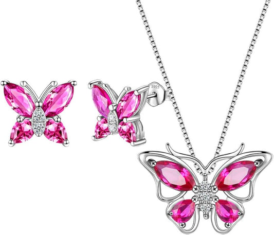 Aurora Tears Butterfly Jewelry,Women 925 Sterling Silver Butterflies Birthstone Pendant Necklace/Earrings/Rings Wedding Gift