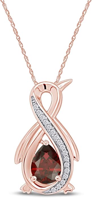 Infinity Penguin Pendant Necklace for Women, 14K Gold Over Sterling Silver with Pear & Round Cut Simulated Birthstone & White Diamond Accents, Dainty Animal Jewelry Gift with 18" Chain