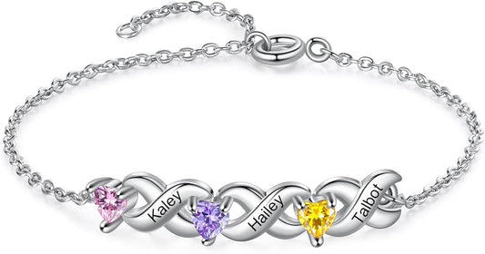 Personalized Custom Name Heart Bracelet with 1-6 Birthstone Bracelets for Women Engraved Family Names Link Bracelets for Mother's Day Mom Daughter