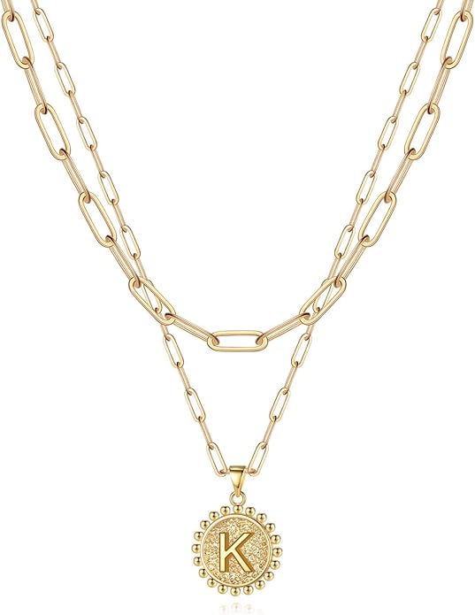 Yoosteel Gold Initial Necklaces for Women, 14K Gold Plated Dainty Layering Paperclip Link Chain Necklace Coin Initial Layered Necklaces for Women Personalized Birthday Gifts