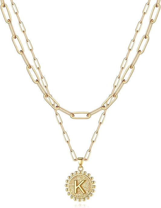 Yoosteel Gold Initial Necklaces for Women, 14K Gold Plated Dainty Layering Paperclip Link Chain Necklace Coin Initial Layered Necklaces for Women Personalized Birthday Gifts