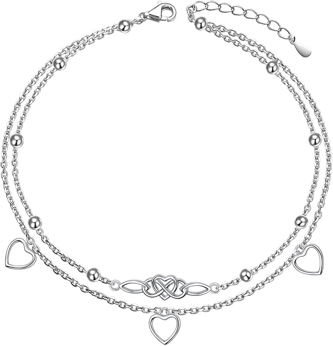 FLYOW Anklet for Women S925 Sterling Silver Adjustable Foot Beaded Heart Charm Ankle Bracelet Anklets Jewelry