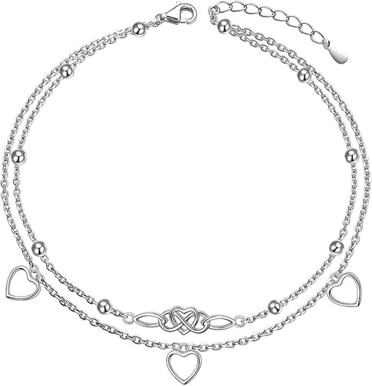 FLYOW Anklet for Women S925 Sterling Silver Adjustable Foot Beaded Heart Charm Ankle Bracelet Anklets Jewelry