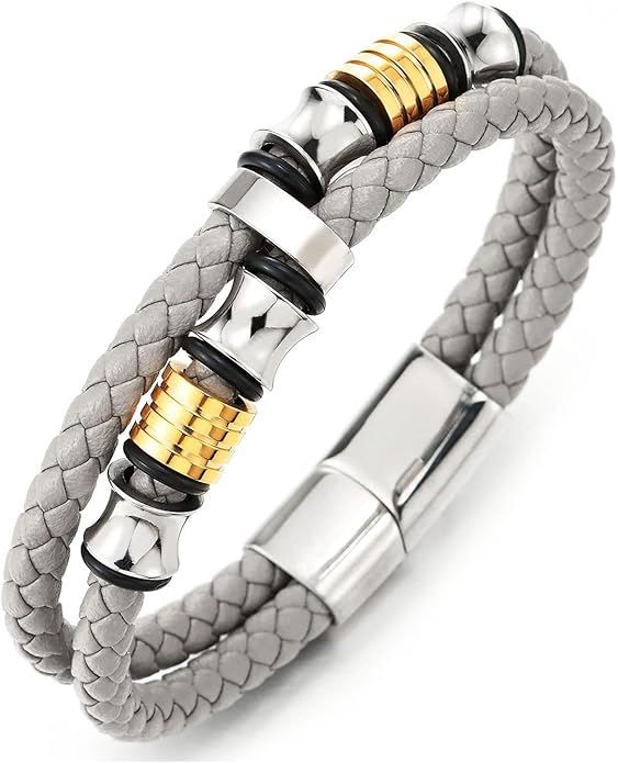 COOLSTEELANDBEYOND Mens Double-Row Braided Leather Bracelet Bangle Wristband with Stainless Steel Ornaments