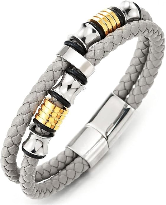 COOLSTEELANDBEYOND Mens Double-Row Braided Leather Bracelet Bangle Wristband with Stainless Steel Ornaments