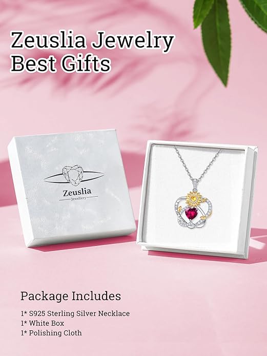 Zeuslia Double Birthstone Necklace Gifts for Wife - 925 Sterling Silver Sunflower/Rose/Crown Cross/Compass/Heart Pendant I Love You Necklace, Anniversary Birthday Gifts for Wife Girlfriend Mom Her