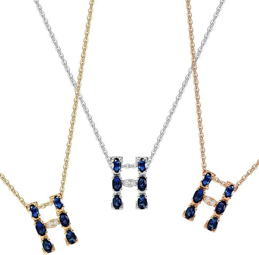 Albert Hern Blue Sapphire Initial Necklace With Diamonds & 18K Gold Chain | Irresistible Letter Pendants Jewelry | Perfect Valentine’s Day, Anniversary & Birthday Gift