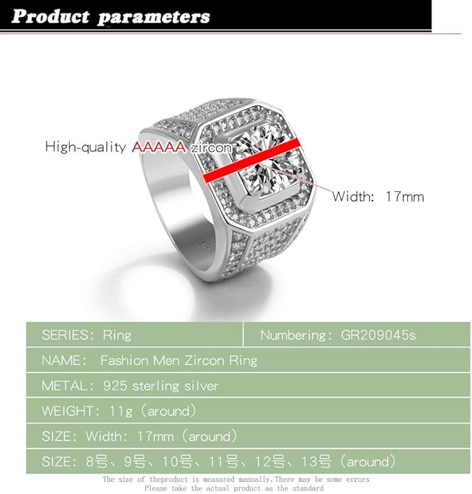 Dankadi Noble Men's 925 Silver Ring-Square Cubic Zircon Inlaid-Classic Ring-Fashion Silver Jewelry-Party Accessories 8-13#