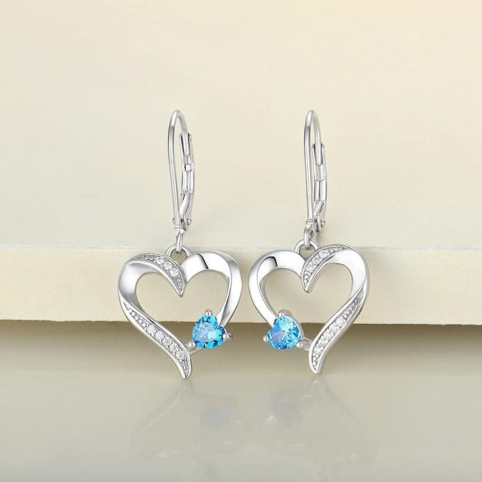 YL Heart Dangle Earrings 925 Sterling Silver Drop Earrings Birthstone Leverback Jewelry for Women