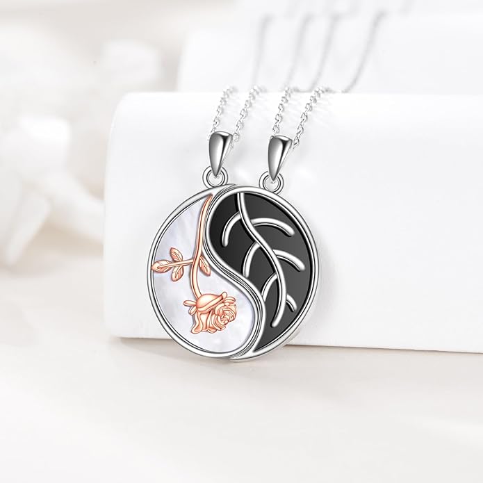 JBAERD Couples BFF Matching Necklaces 925 Sterling Silver Cross/Yin Yang/Sun Moon/Mountain Wave Pendant Necklace Anniversary Birthday Gifts
