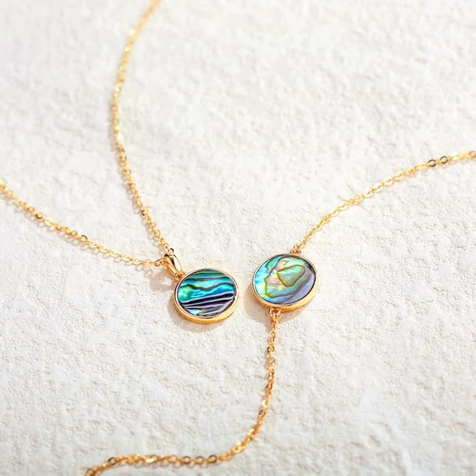 AGVANA Valentines Day Gifts 14K Solid Real Gold Coin Necklace Bracelet for Women Mother of Pearl/Abalone/Turquoise/Black Onyx/Opal Fine Jewelry Anniversary Birthday Gifts for Women Mom Wife Her