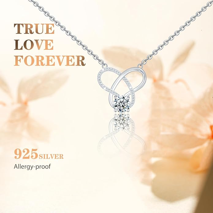 Infinity Necklace for Women, 925 Sterling Silver Heart Necklace with 5A Zircon, White Gold Plated Adjustable Chain, Gift for Valentine's Day, Birthday, Anniversary for Wife, Girlfriend, Mom
