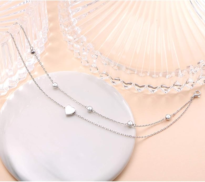 FLYOW Anklet for Women S925 Sterling Silver Adjustable Foot Beaded Heart Charm Ankle Bracelet Anklets Jewelry