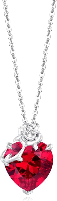 FANCIME 14K Solid White Gold Rose Pendant with Sterling Silver Chain Heart Birthstone Gemstone Fine Jewelry Christmas Gifts for Women Her