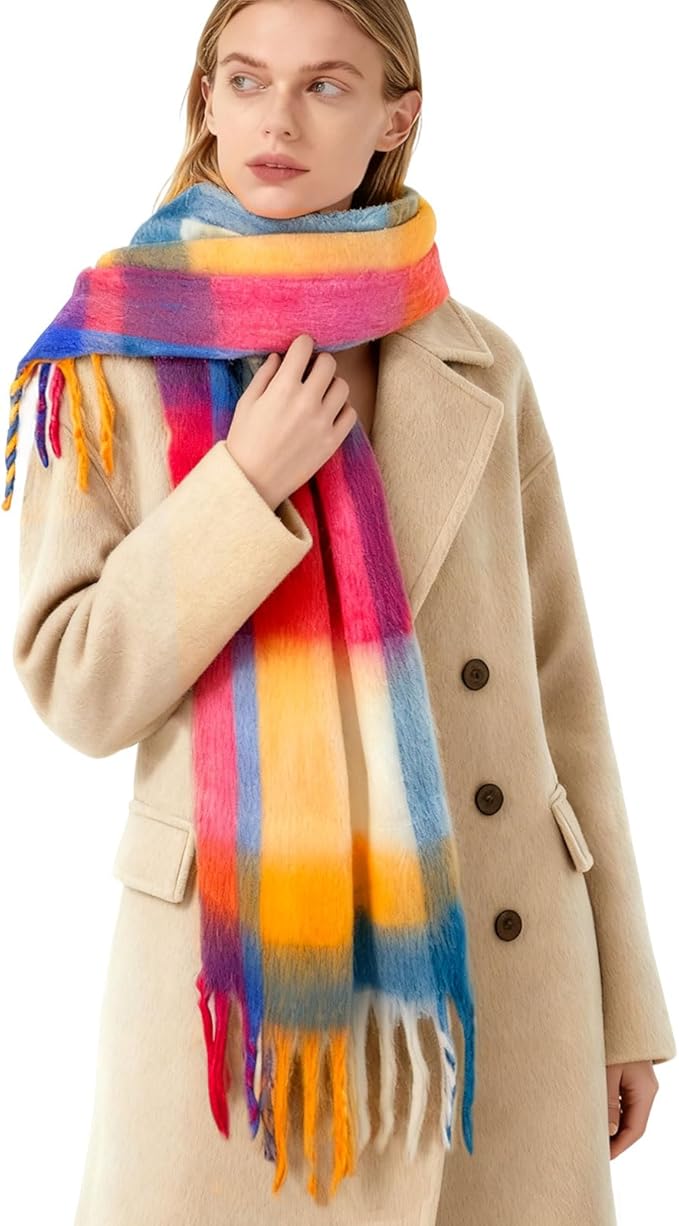SHOHOKU Large Chunky Plaid Scarf Coloured Checked Oversized Scarf Tassel Soft Fall Winter Thick Warm Shawl Women
