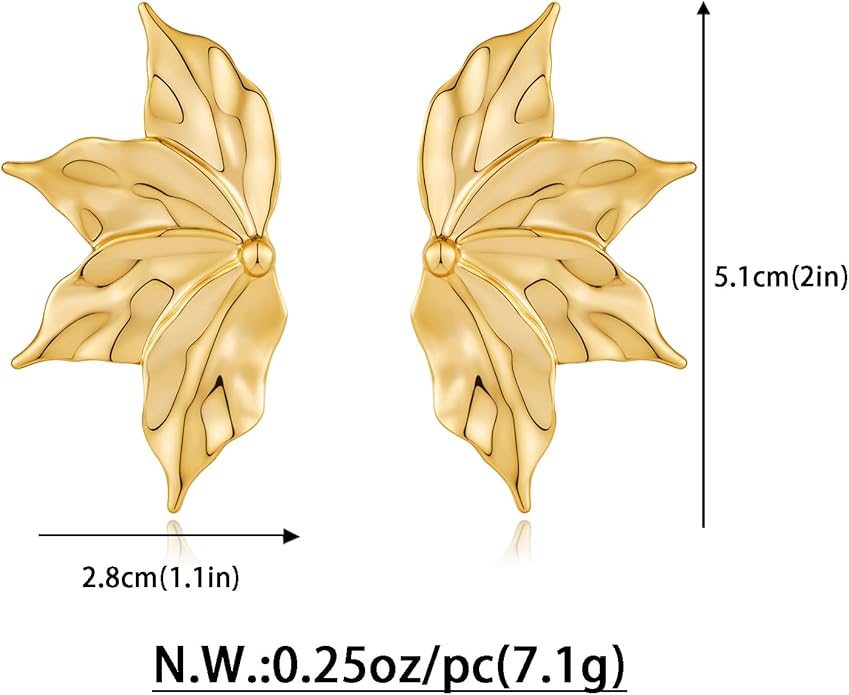 Chunky Gold Statement Earrings For Women Gold Plated Sectored Flower Leaf Shell Angel Wing Earrings Large Stud Earrings Hypoallergenic Earrings