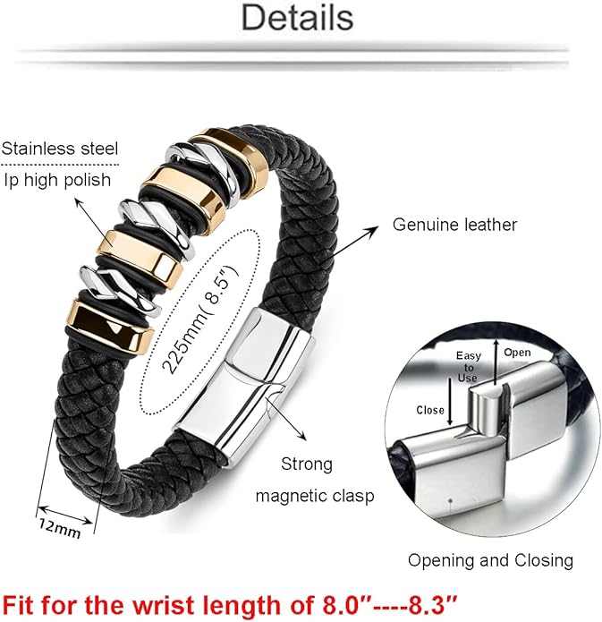 Leather Bracelet for Men Braided Cuff Wristband Stainless Steel Clasp in Silver and Gold Jewellery Gift