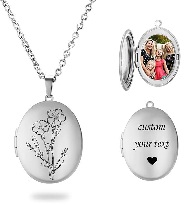 PHOCKSIN Personalized Locket Necklace for Women Photo Necklace with Customized Picture Birth Flower Birthstone New Years Gifts for Women